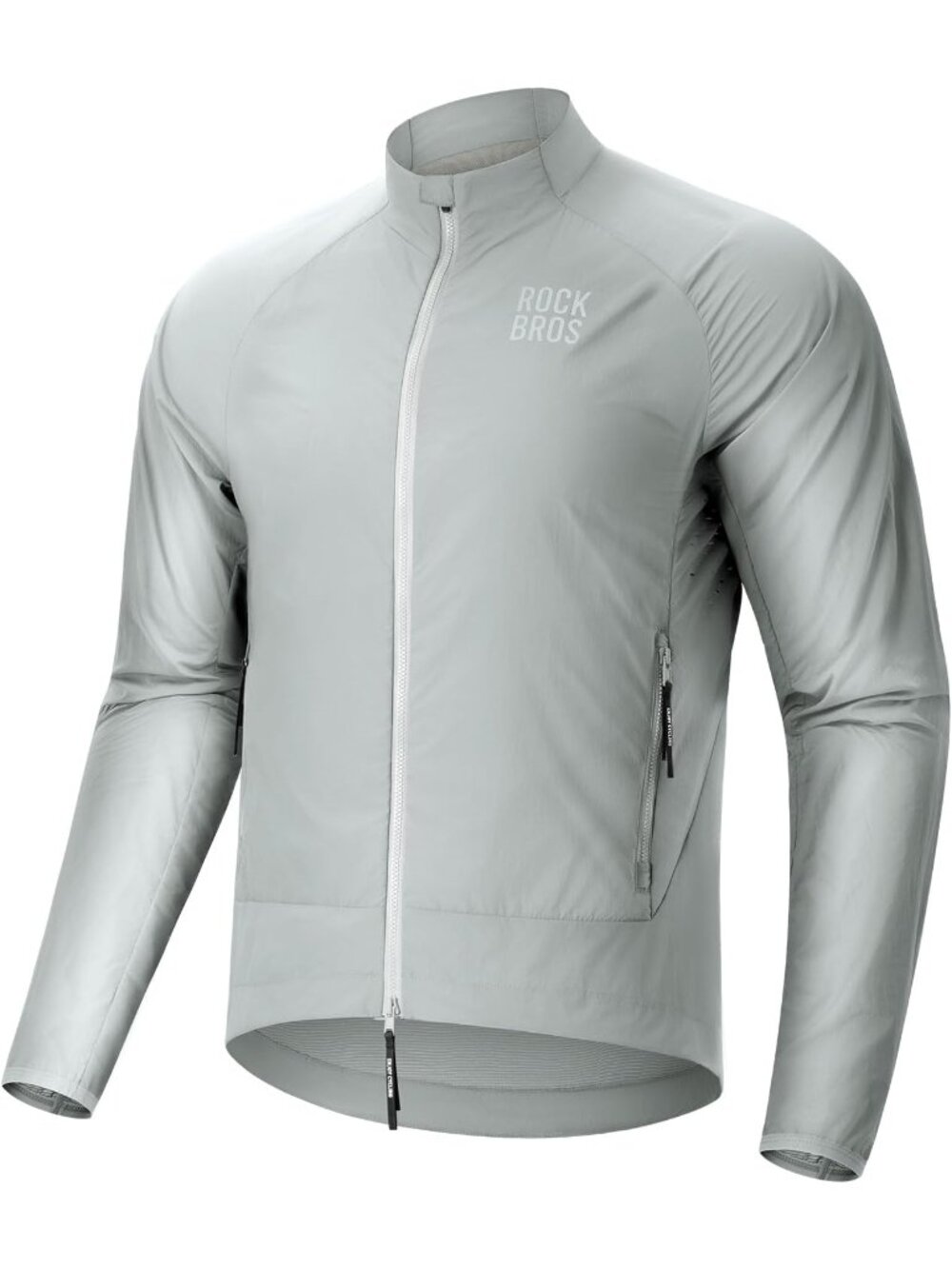 Men White Windbreaker Band Collar Multiple Pockets Zip-up Long Sleeve Jacket